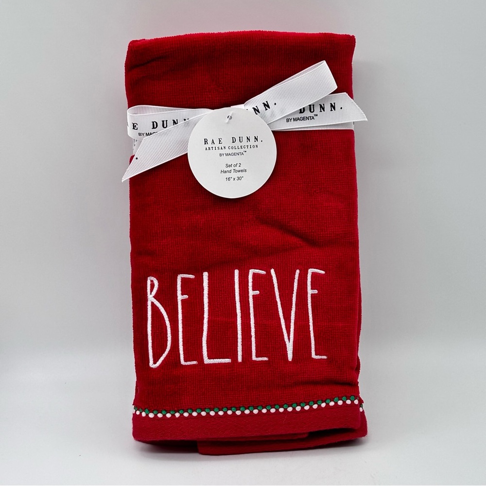 Rae Dunn Set of 2 Holiday Christmas Hand Towels, (16" x 30") (BELIEVE)